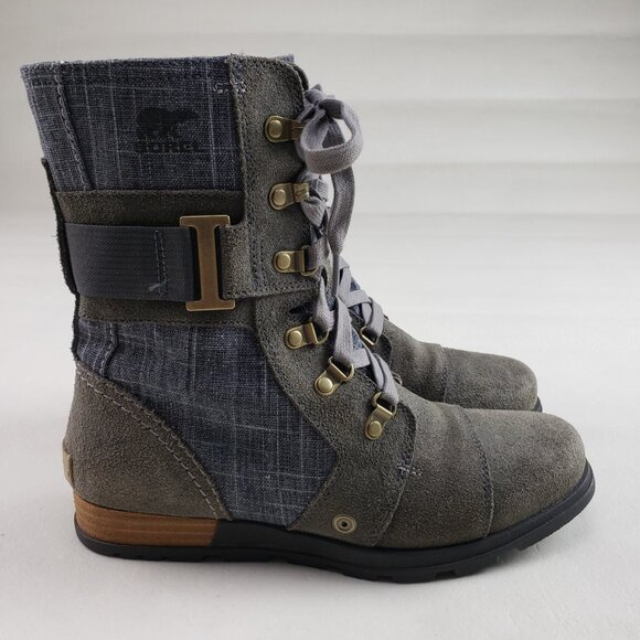Sorel Major Carly Suede Boot Womens 8 Gray Blue Denim Ankle Side Zip Moto Combat - Picture 2 of 11